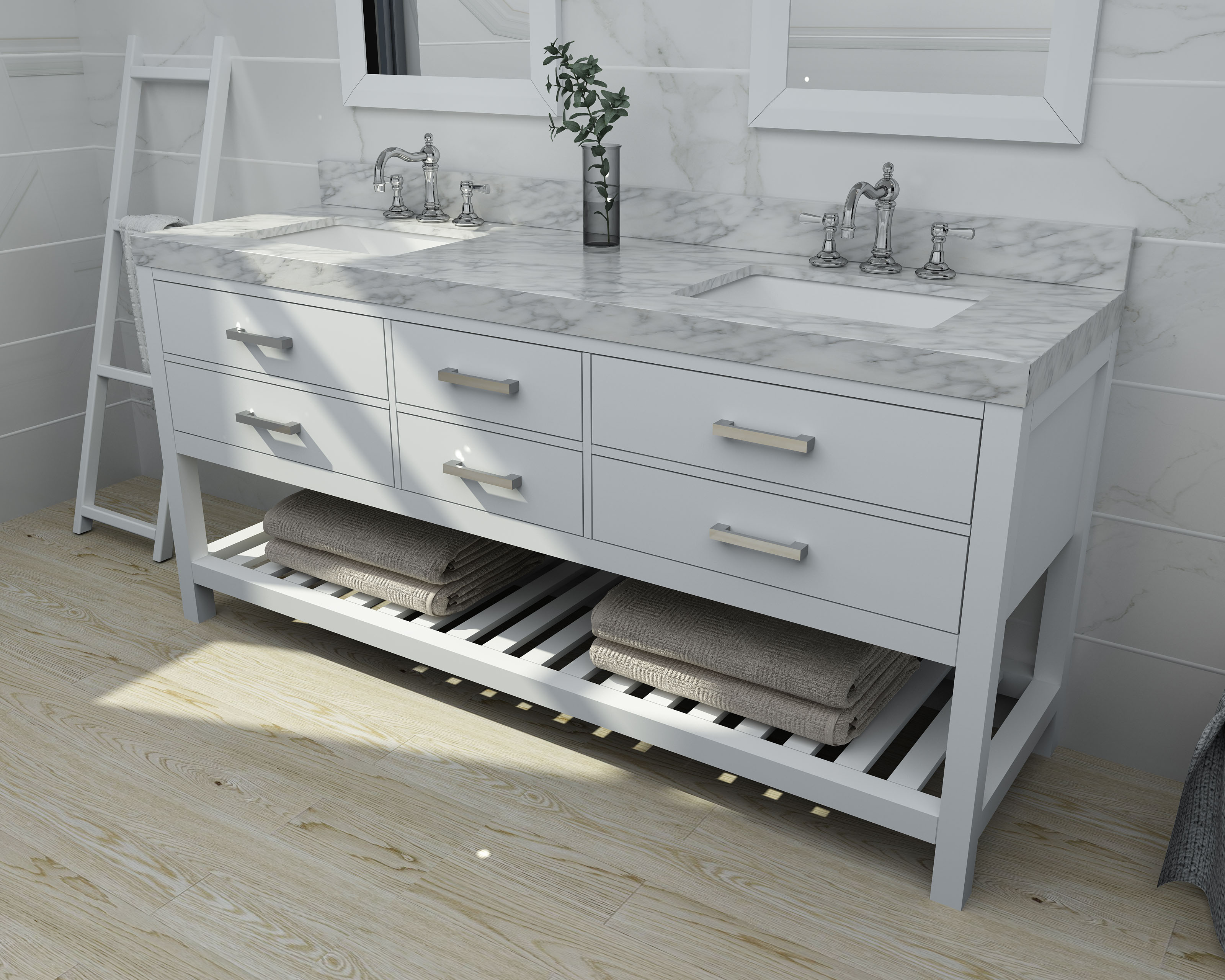 White Marble Bathroom With Wood Vanity