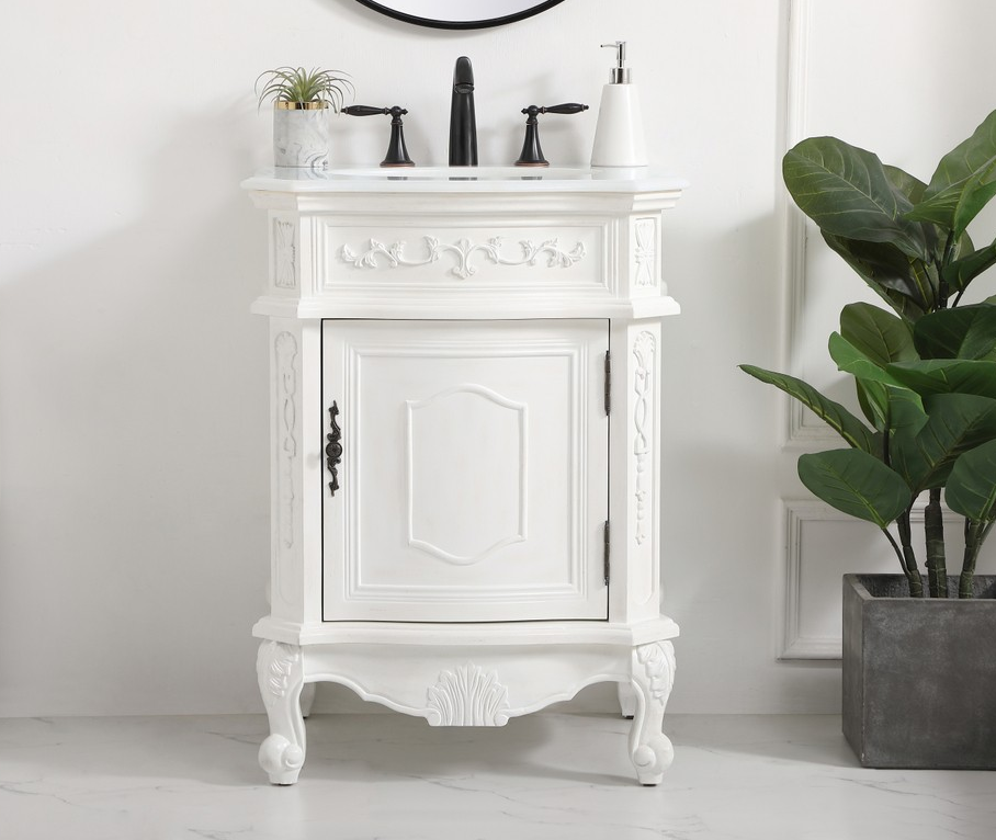 24 inch Single Bathroom Vanity in Antique White with Ivory White Marble