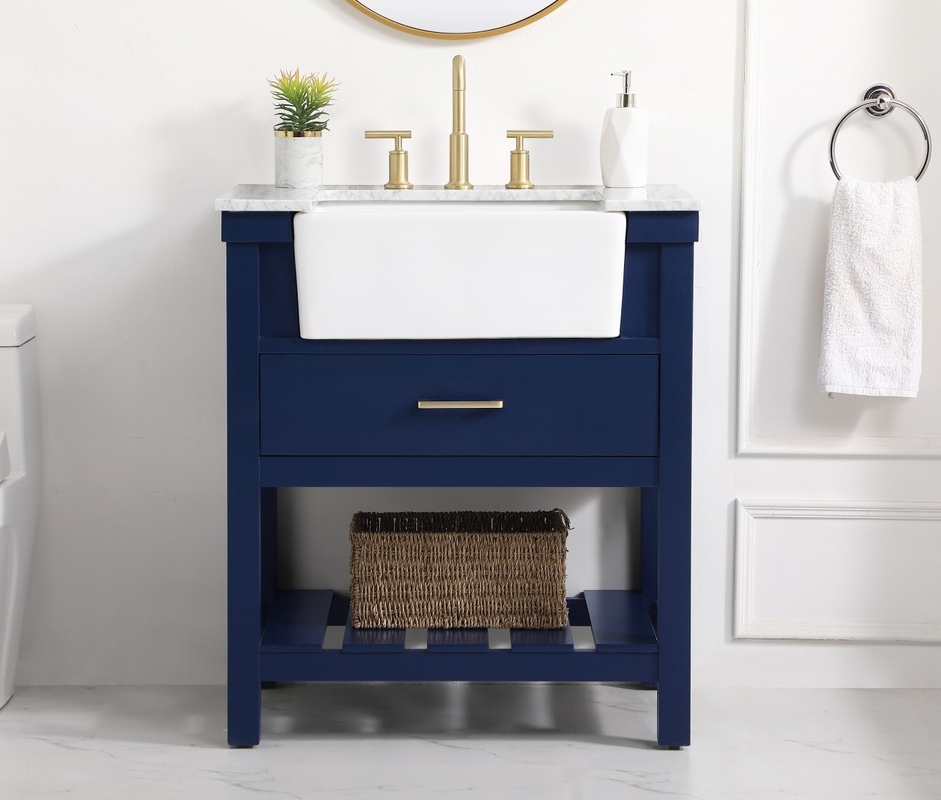 30 inch Single Bathroom Vanity in Blue with Three Finish Options and Backsplash Option