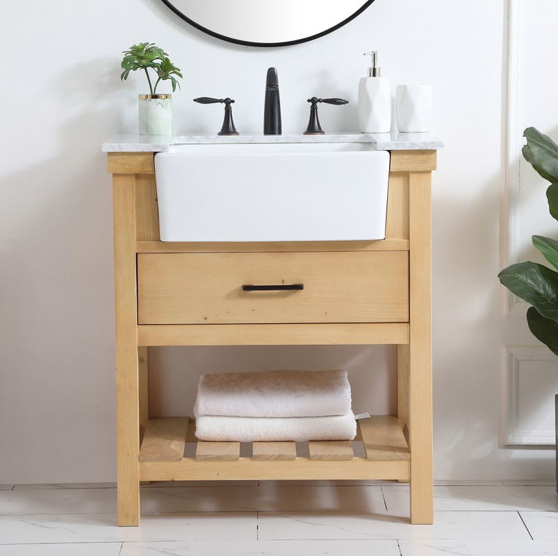 30 inch Single Bathroom Vanity in Natural Wood with Backsplash Option