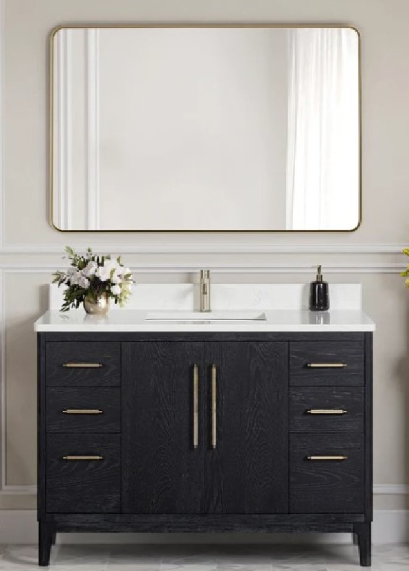 Issac Edwards 48" Free-standing Single Bath Vanity in Fir Wood Black with White Grain Composite Stone Top and Mirror