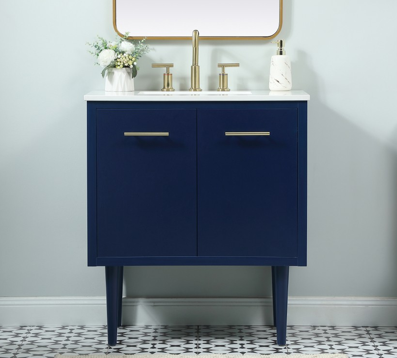 30 inch Single Bathroom Vanity in Blue with Two Finish Options and matching Backsplash Option