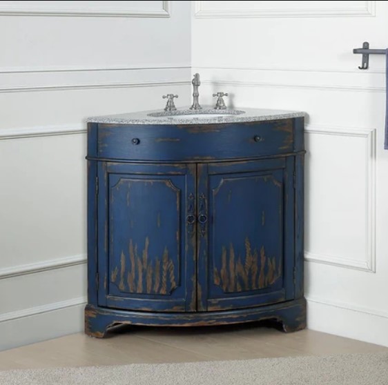 24 Inch Adelina Freestanding Distressed Navy Blue Corner Bathroom Sink Vanity