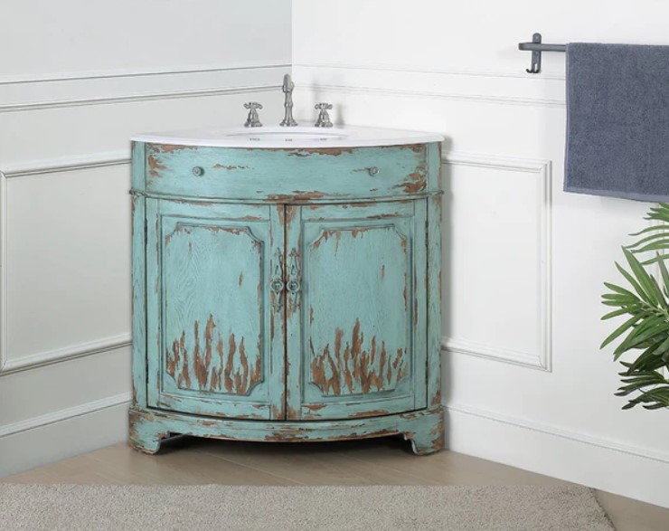 24 Inch Adelina Freestanding Distressed Light Blue Corner Bathroom Sink Vanity