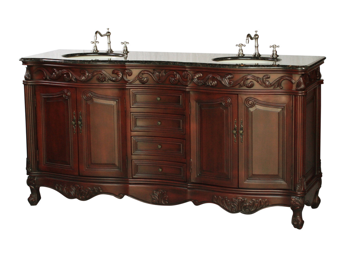 68" Adelina Antique Style Double Sink Bathroom Vanity in Walnut Finish with Coral Brown Granite Countertop and Oval White Porcelain Sink 