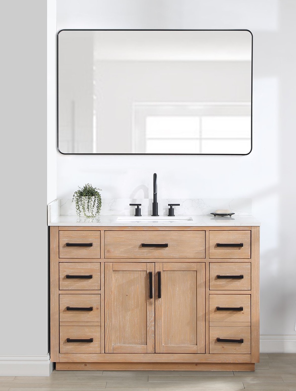 Issac Edwards 48" Single Bathroom Vanity in Light Brown with Grain White Composite Stone Countertop with Mirror