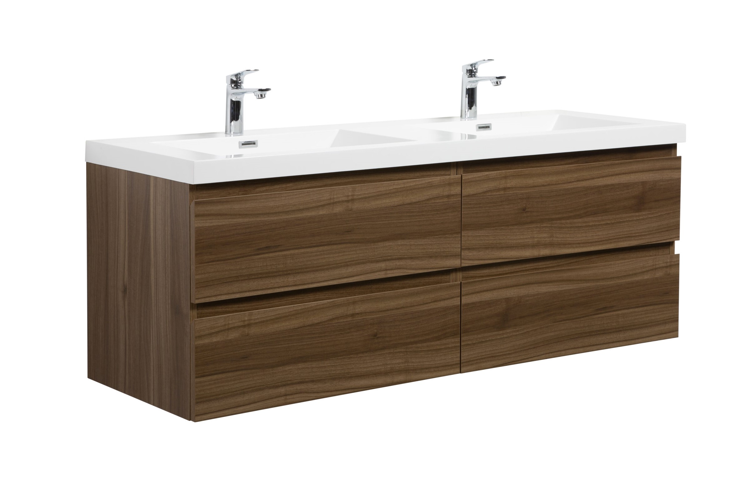 Aurora 60" Smokey Walnut Wall Hung Double Sink Bathroom Vanity with White Acrylic Countertop