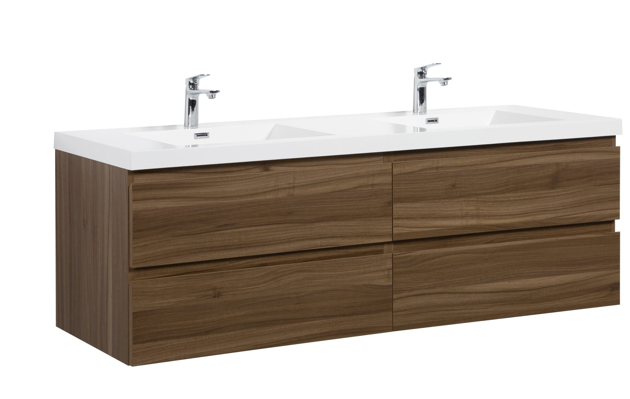 Aurora 72" Smokey Walnut Wall Hung Double Sink Bathroom Vanity with White Acrylic Countertop