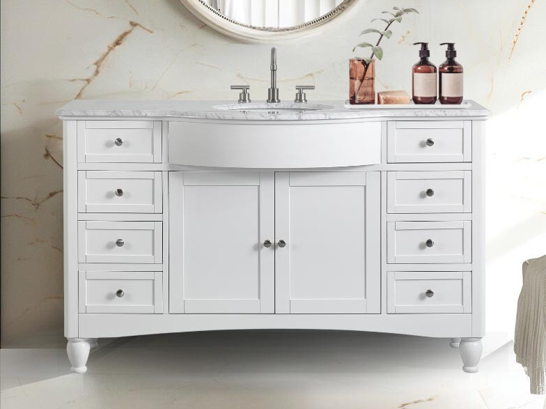 58-inch Carrara White Marble Top Single Sink Bathroom Vanity in White