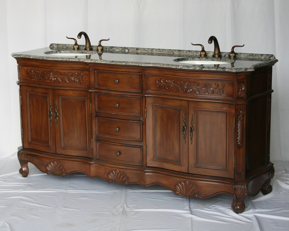 72 Adelina Antique Style Double Sink Bathroom Vanity In Walnut Finish With Gray Granite