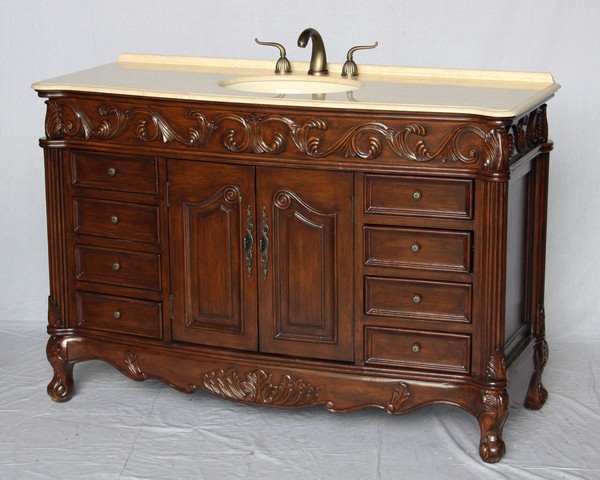 60" Adelina Antique Style Single Sink Bathroom Vanity in Walnut Wooden Cabinet Finish with Beige Stone Countertop