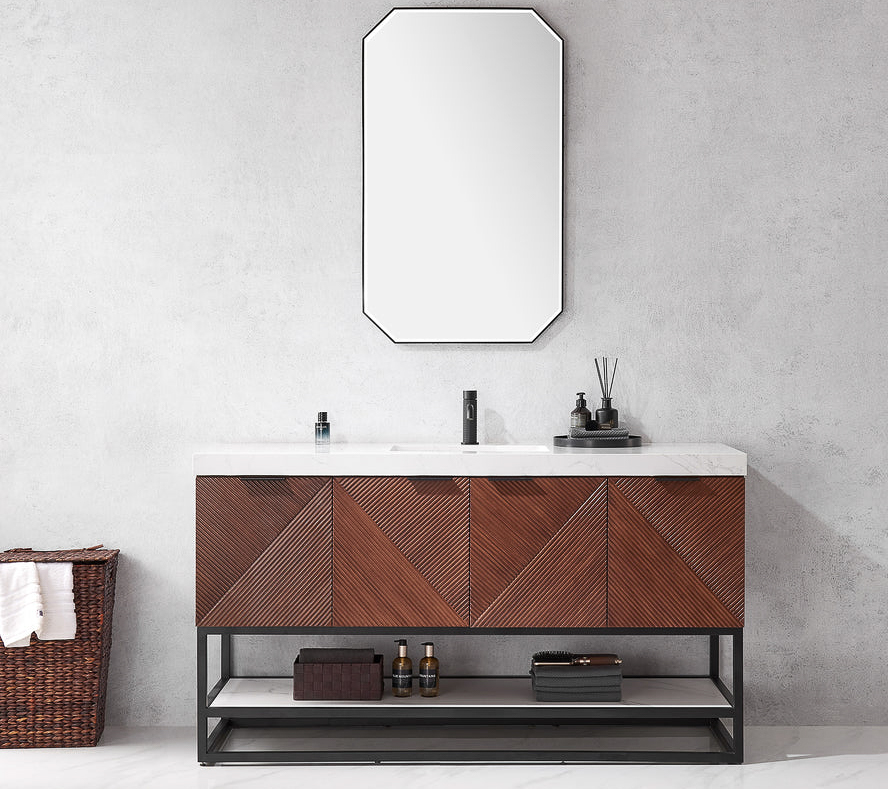 Issac Edwards 60B" Free-standing Single Bath Vanity in North American Deep Walnut with White Grain Composite Stone Top and Mirror