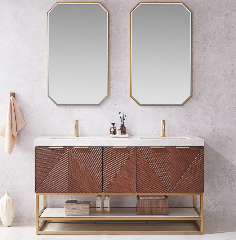 Issac Edwards 60MG" Free-standing Double Bath Vanity in North American Deep Walnut with White Grain Composite Stone Top and Mirror