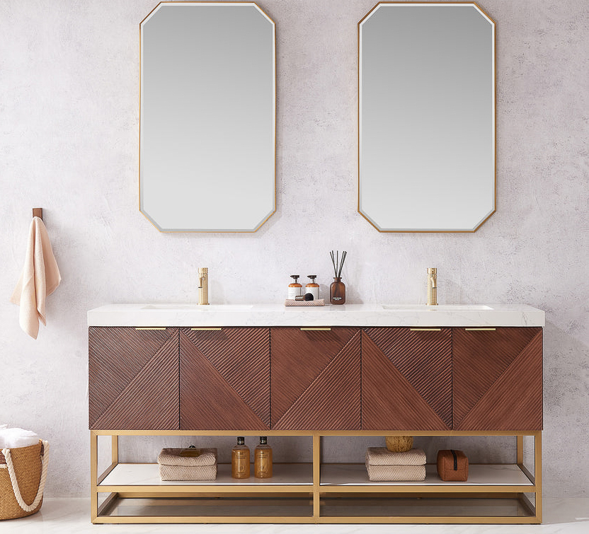 Issac Edwards 72G" Free-standing Double Bath Vanity in North American Deep Walnut with White Grain Composite Stone Top and Mirror