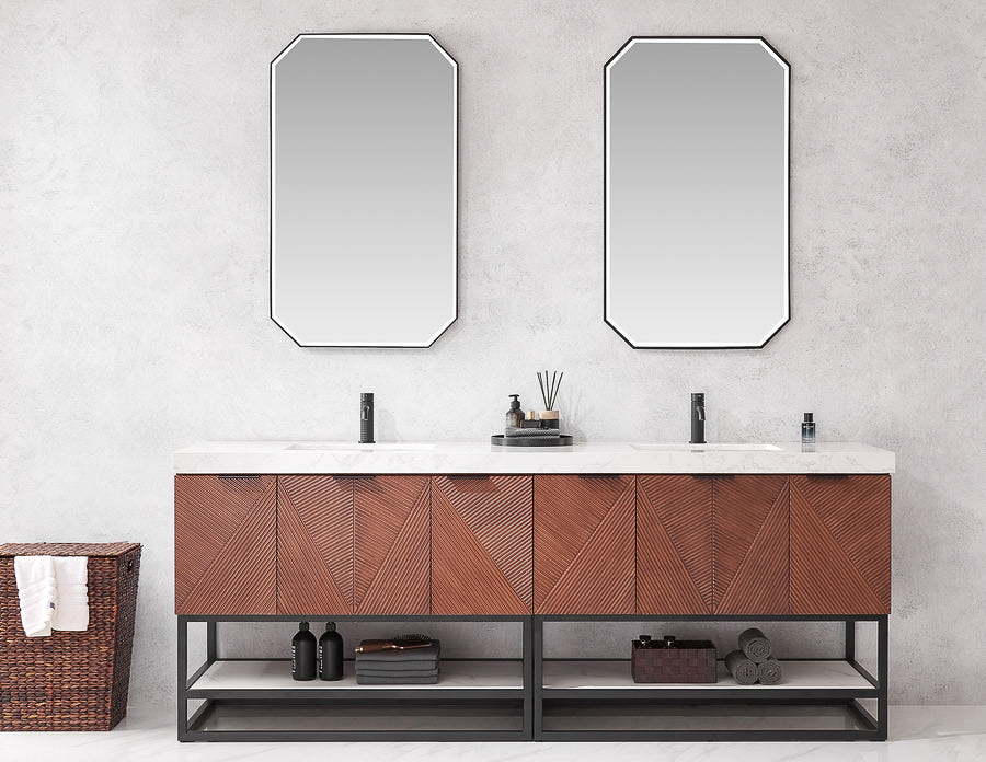 Issac Edwards 84B" Free-standing Double Bath Vanity in North American Deep Walnut with White Grain Composite Stone Top and Mirror