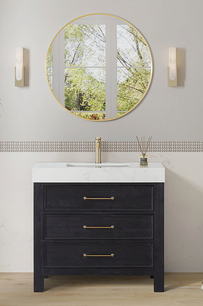 Issac Edwards 36in. Free-standing Single Bathroom Vanity in Fir Wood Black with Composite top in Lightning White and Mirror