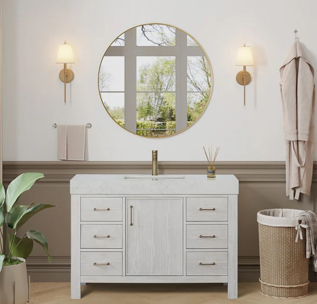 Issac Edwards 48in. Free-standing Single Bathroom Vanity in Washed White with Composite top in Lightning White and Mirror