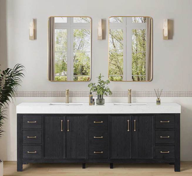 84in. Free-standing Double Bathroom Vanity in Fir Wood Black with Composite top in Lightning White 