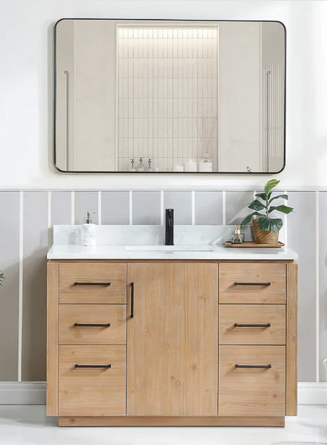 Issac Edwards 48" Free-standing Single Bath Vanity in Fir Wood Brown with White Grain Composite Stone Top and Mirror