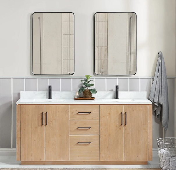 Issac Edwards 72" Free-standing Double Bath Vanity in Fir Wood Brown with White Grain Composite Stone Top and Mirror