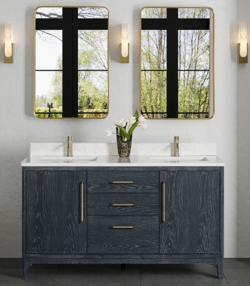 Issac Edwards 60M" Free-standing Double Bath Vanity in Washed Blue with White Grain Composite Stone Top and Mirror