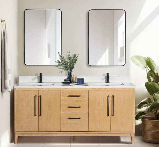 Issac Edwards 72" Free-standing Double Bath Vanity in Washed Ash Grey with White Grain Composite Stone Top and Mirror