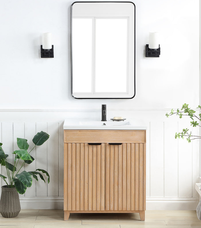 Issac Edwards 30" Free-standing Single Bath Vanity in Fir Wood Brown with Drop-In White Ceramic Basin Top and Mirror