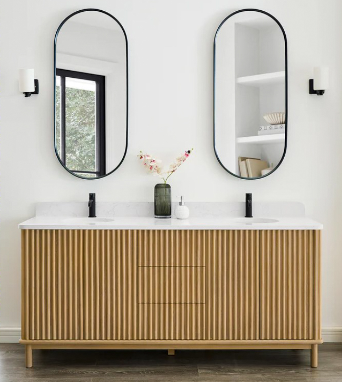 Issac Edwards 72" Double Vanity in Washed Ash Grey with White Grain Composite Stone Top and Mirror