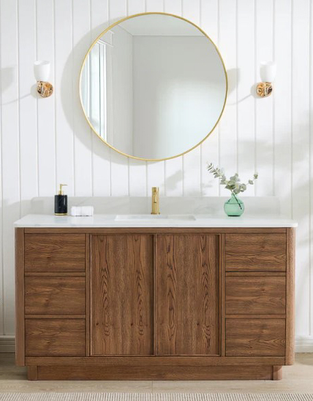 Issac Edwards 60" Floating Single Bath Vanity in Washed Ash Grey with Fish Maw White Quartz Stone Top and Mirror