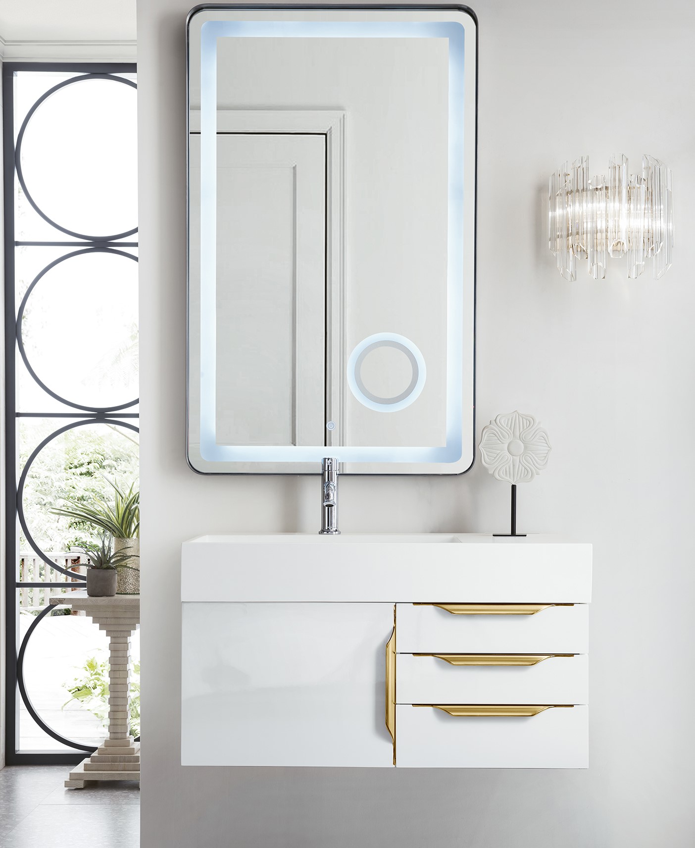 James Martin Columbia 36" Single Wall Mount Vanity, Glossy White w/ Glossy White Composite Stone Top and Hardware Finish Options