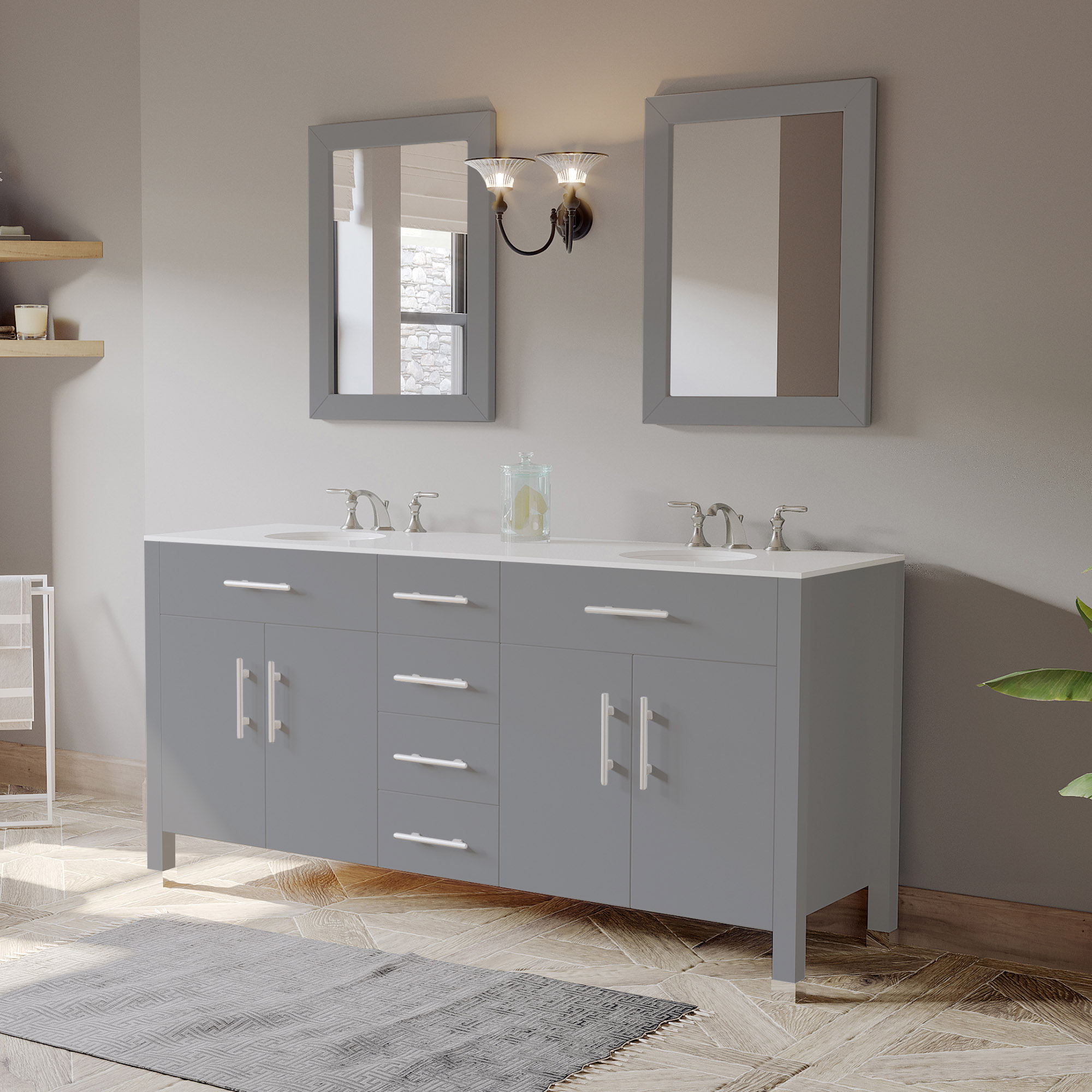 72" Gray Double Bathroom Basin Sink Vanity with White ...