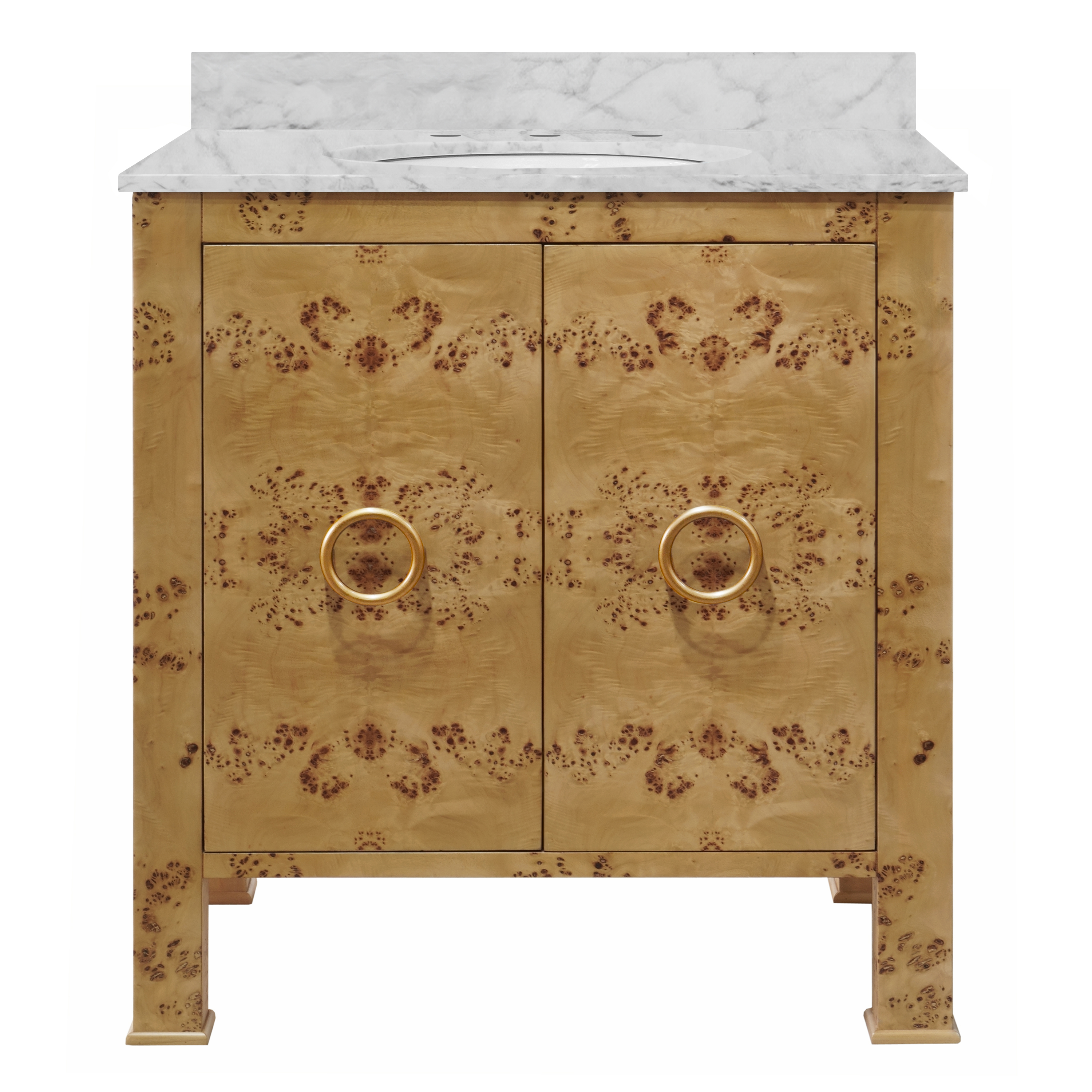 30" Issac Edwards Collection Bath Vanity in Textured Burl Wood w/ Antique Brass Hardware, White Marble Top and Porcelain Sink 