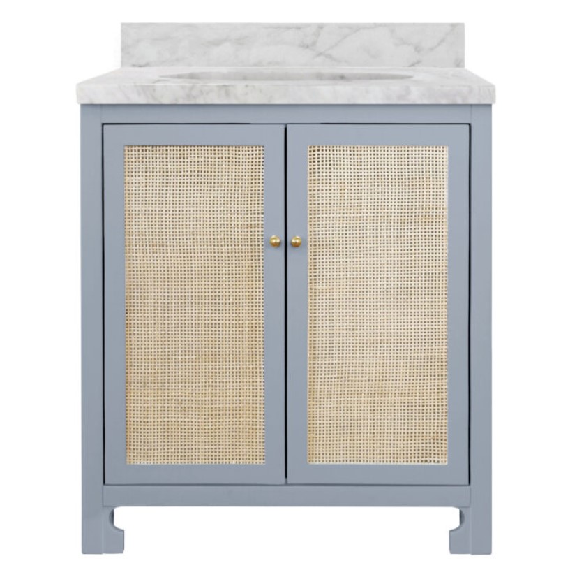 Issac Edwards 30.5" Single Bathroom Vanity in Matte Ligh Blue Lacquer with Cane Front Doors, White Marble Top, Porcelain Sink, and Polished Brass Knobs