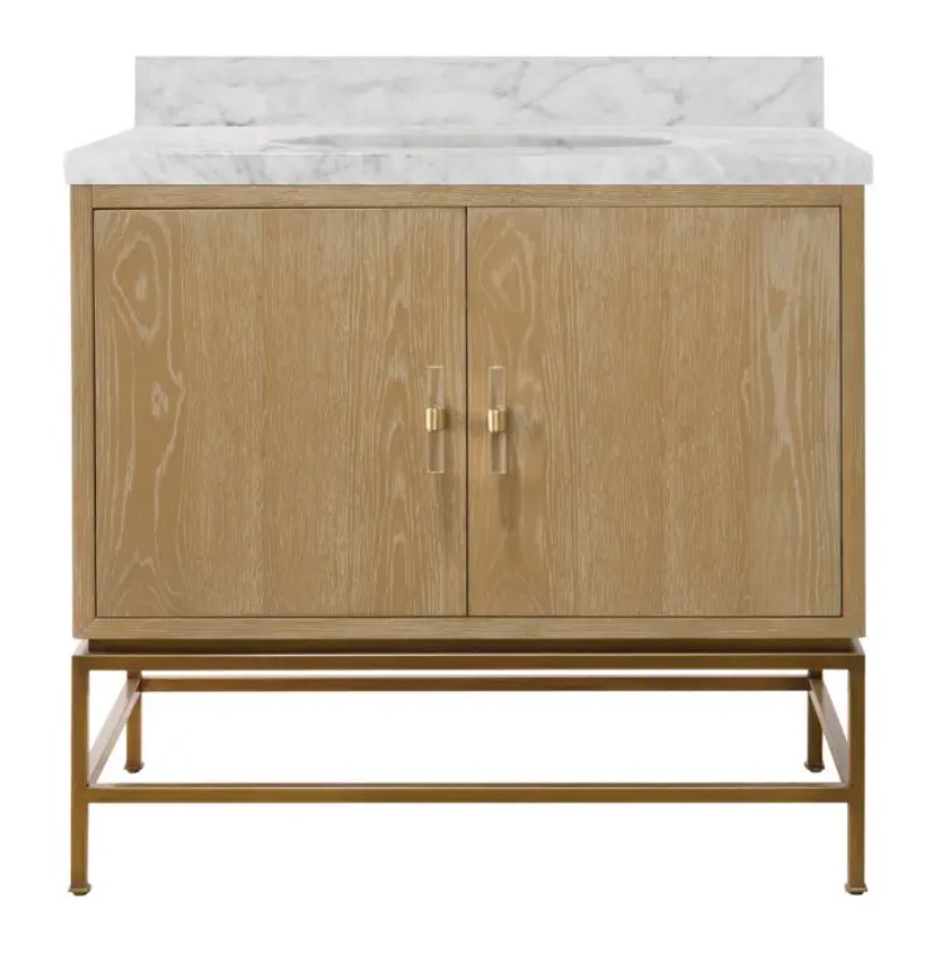 Issac Edwards 36.5" Single Bathroom Vanity in Cerused Oak and Antique Brass with White Marble Top, Porcelain Sink, and Lucite/Antique Brass Pulls