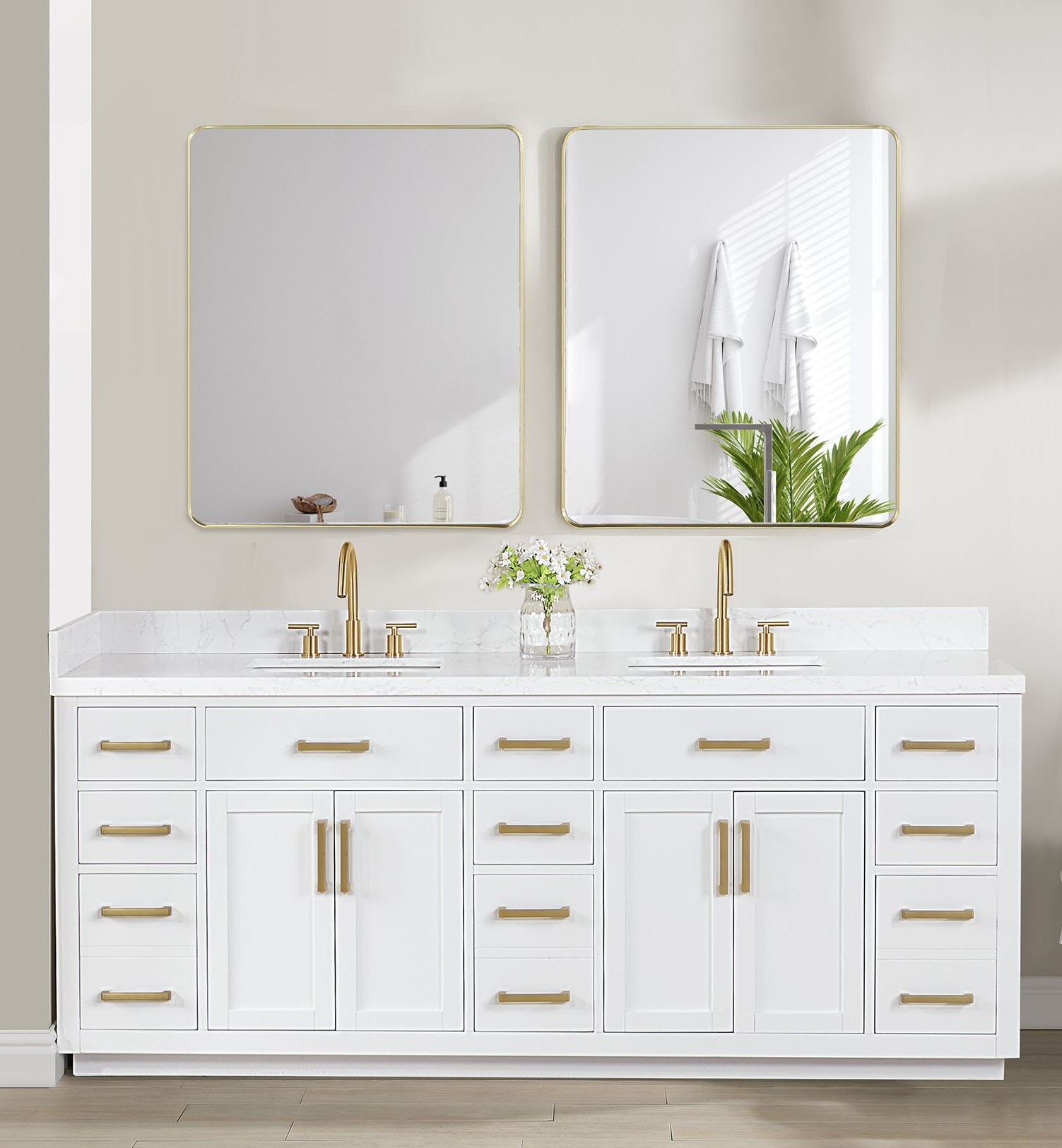 Issac Edwards 84" Double Bathroom Vanity in White with Grain White Composite Stone Countertop with Mirror