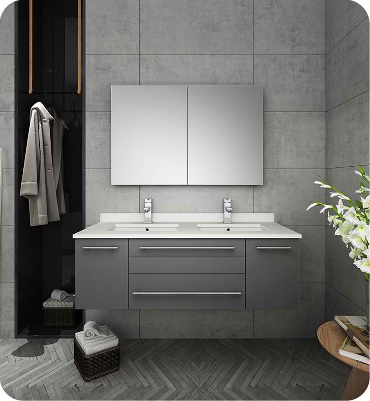 48" Gray Wall Hung Double Undermount Sink Modern Bathroom Vanity with Medicine Cabinet