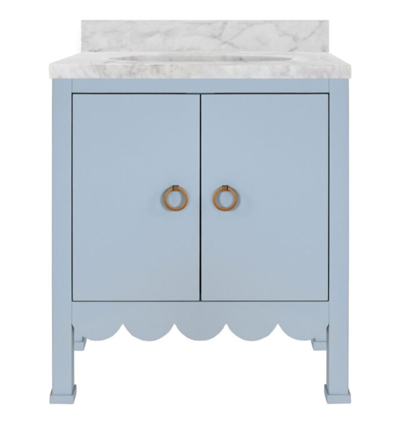 Issac Edwards 30.5" Single Bathroom Vanity with Scallop detail in Matte Light Blue with White Marble Top and Porcelain Sink