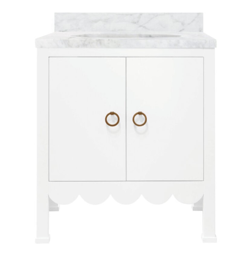 Issac Edwards 30.5" Single Bathroom Vanity with Scallop detail in Matte White Lacquer with White Marble Top and Porcelain Sink