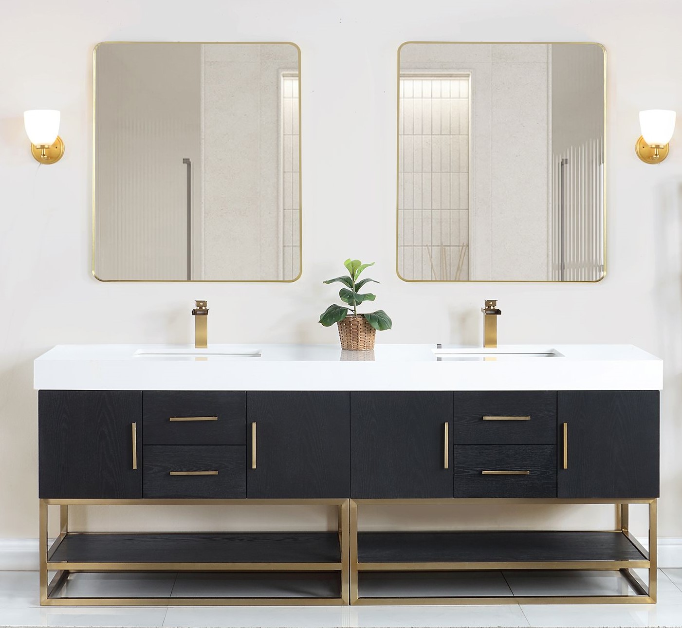 Issac Edwards 84" Double Bathroom Vanity in Black Oak with Brushed Gold Support Base and White Composite Stone Countertop with Mirror