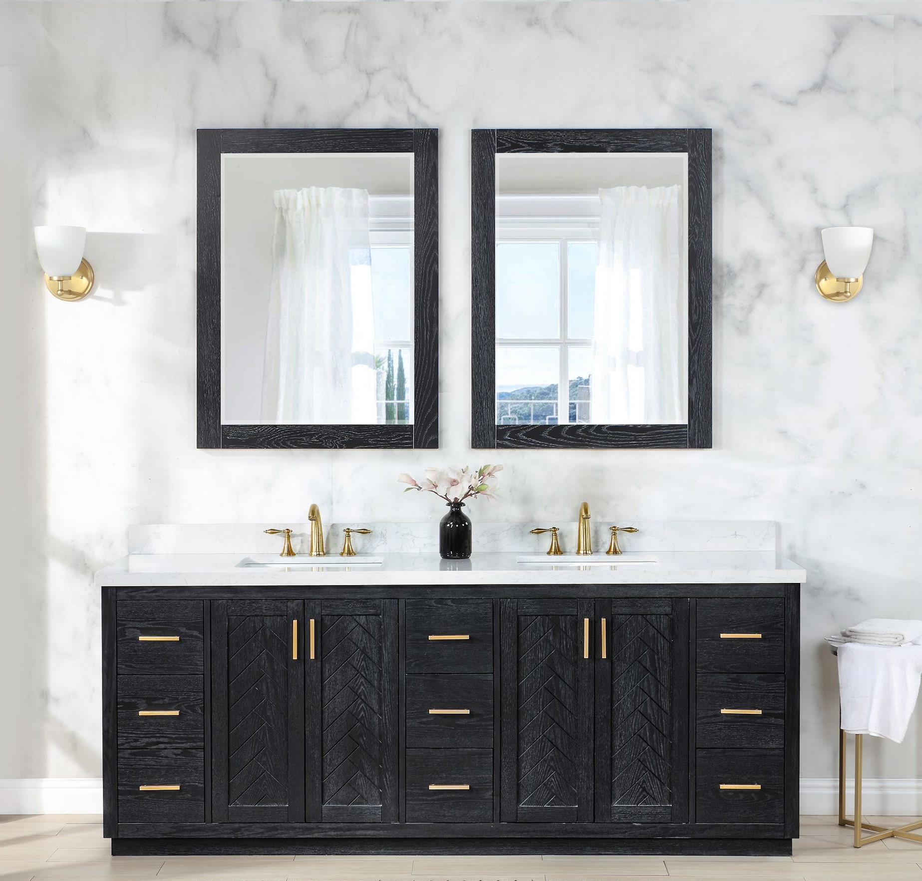 Issac Edwards 84" Double Bathroom Vanity Set in Black Oak with Grain White Composite Stone Countertop with Mirror