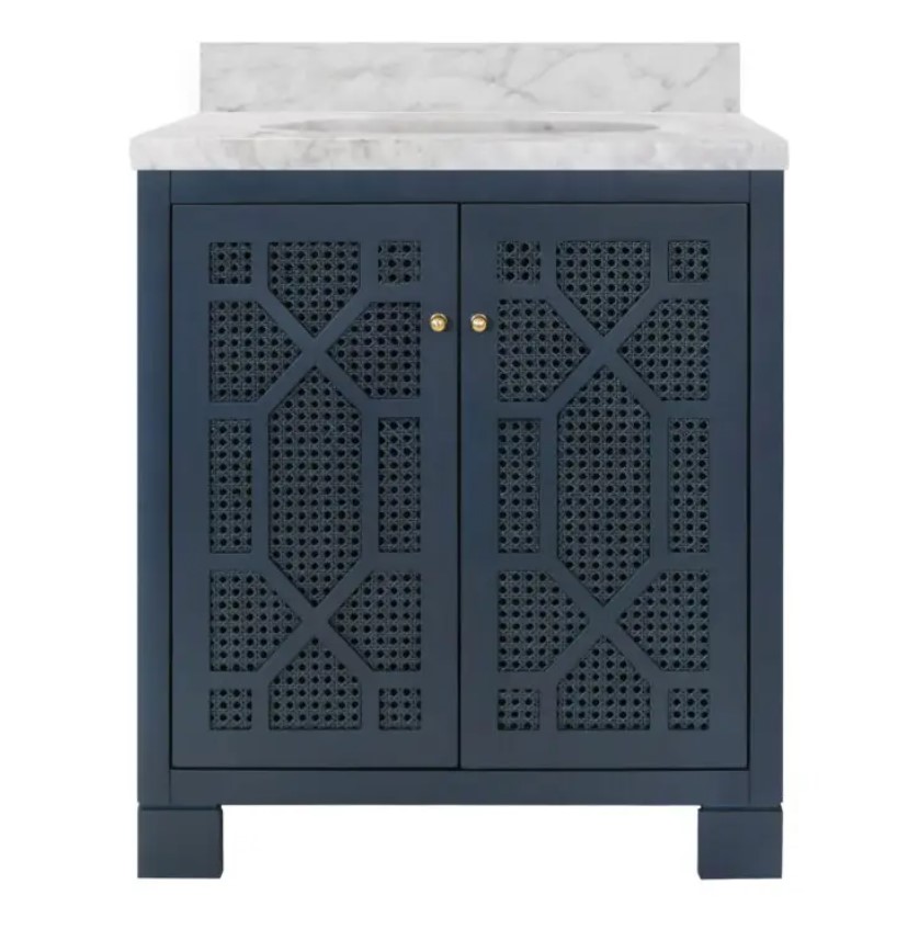 Issac Edwards 30.5" Single Bathroom Vanity in Matte Navy Lacquer with Cane Front Doors, White Marble Top, Porcelain Sink, and Polished Brass Knobs