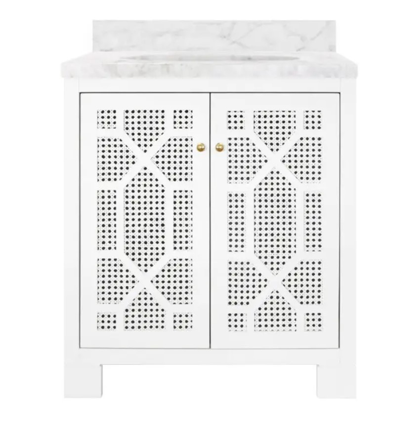 Issac Edwards 30.5" Single Bathroom Vanity in Matte White Lacquer with Cane Front Doors, White Marble Top, Porcelain Sink, and Polished Brass Knobs