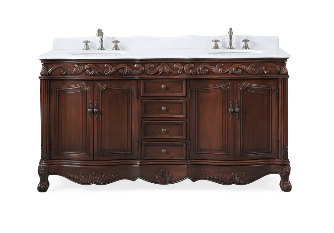 Adelina 64 inch Antique Walnut Double Bathroom Vanity with Mirror Option, Top option, and Backsplash Option