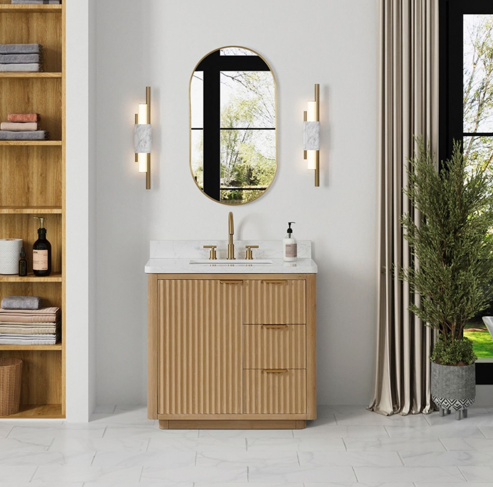 36in. Free-standing Single Bathroom Vanity in Fir Natural Wood with Composite top in Lighting White Top 