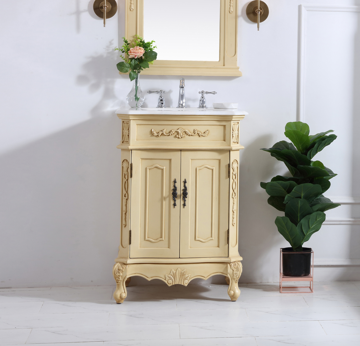 24 inch Adelina Single Bathroom Vanity in Light Antique Beige with Ivory White Marble