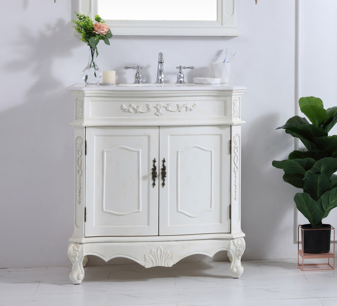 32 inch Adelina Single Bathroom Vanity in Antique White with Ivory White Marble