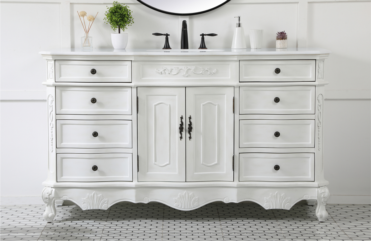 60 inch Adelina Single Bathroom Vanity in Antique White with Ivory White Marble