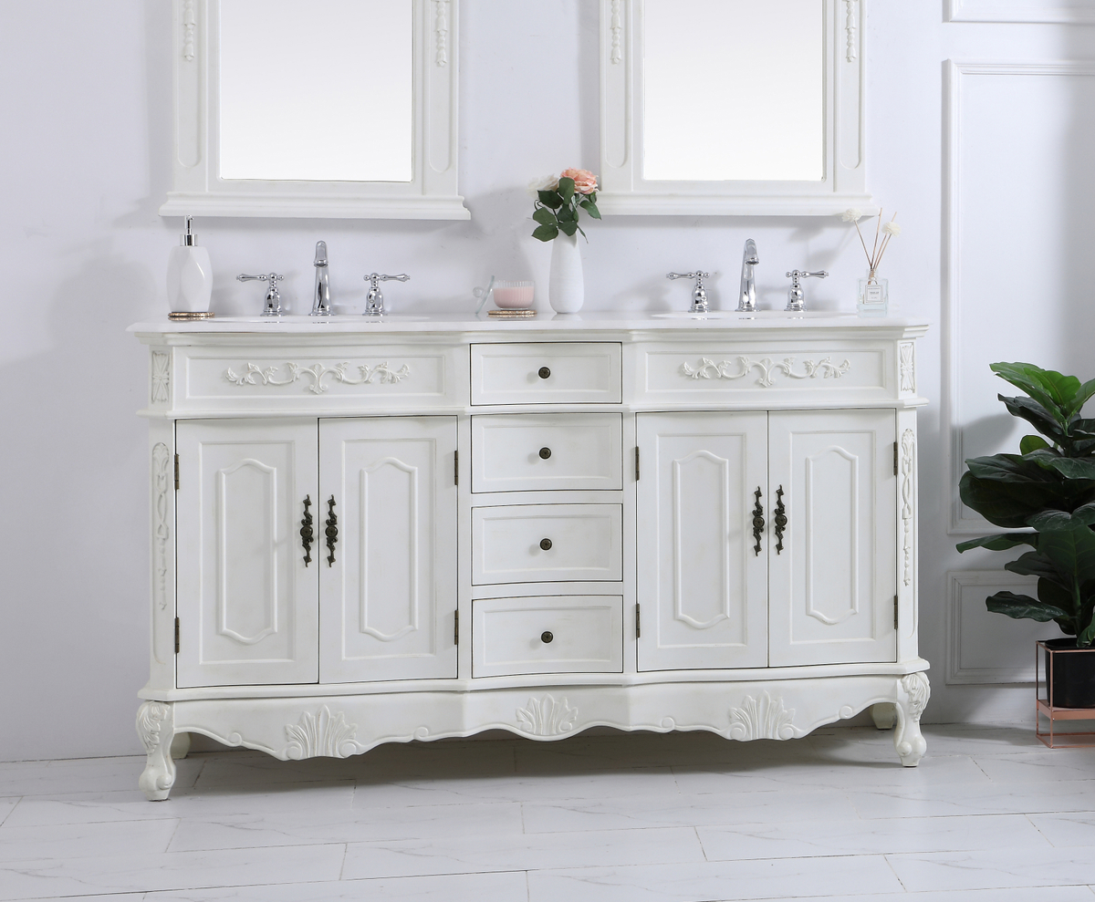 60 inch Adelina Double Bathroom Vanity in Antique White with Ivory White Marble