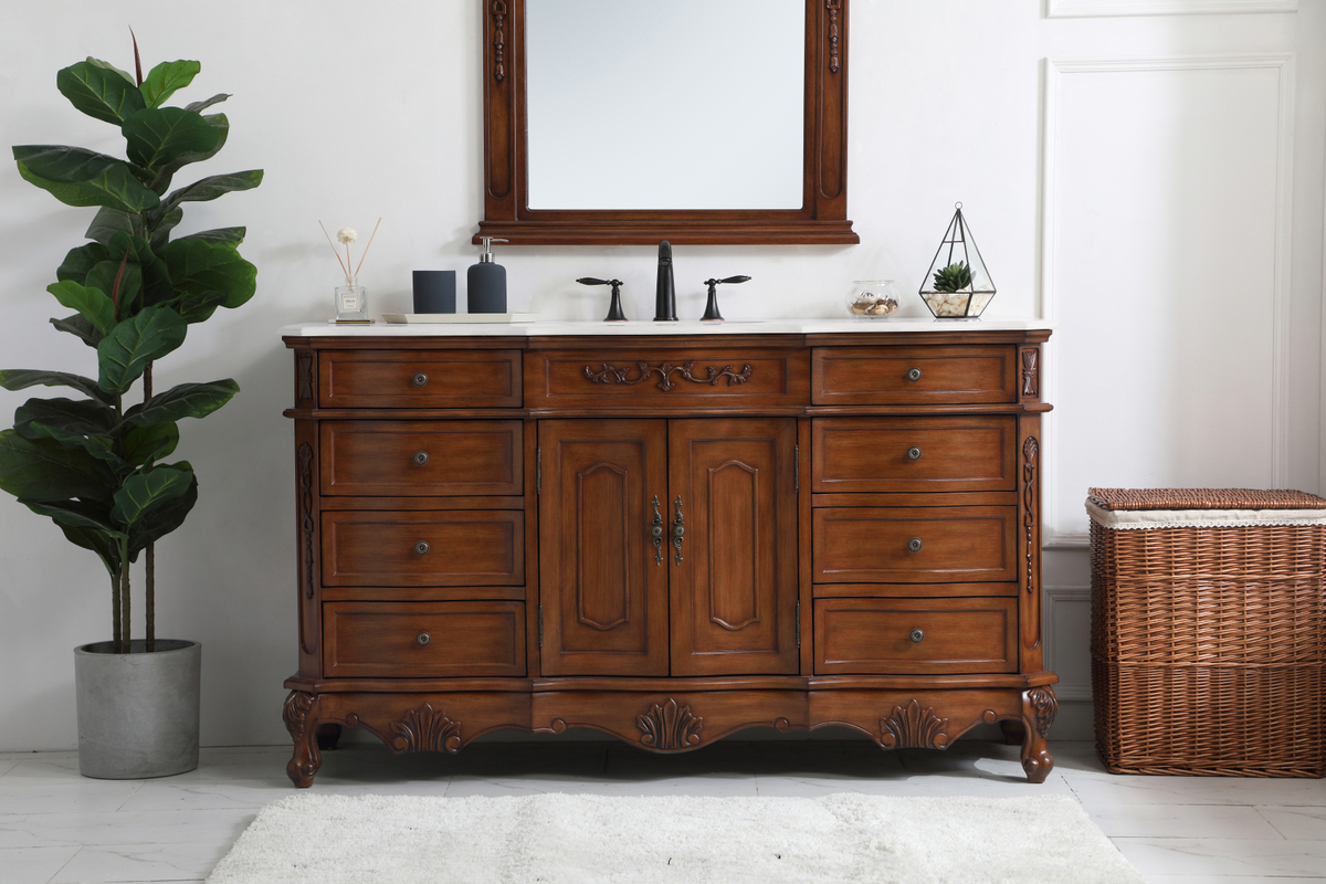 60 inch Adelina Single Bathroom Vanity in Teak with Ivory White Marble