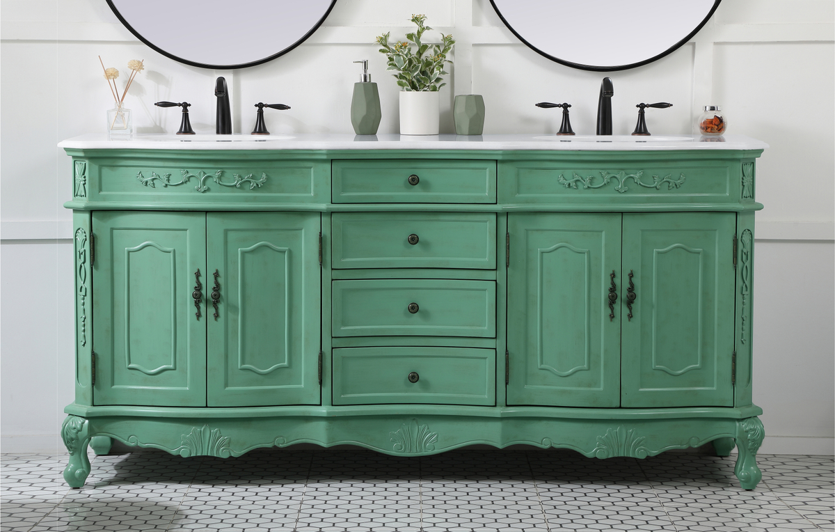 72 inch Adelina Double Bathroom Vanity in Vintage Mint with Ivory White Marble